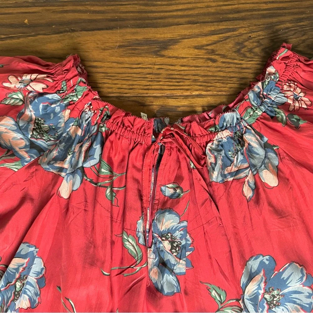 THE GREAT. Red Floral Puff-Sleeve silk Blouse - Picture 6 of 10